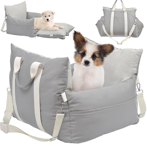 Leather Dog Car Seat for Small Dogs, Dog Booster Seat with Storage Pocket and Clip-On Safety Leash, Water/Scratch Resistant Both Indoor and Outdoor Use