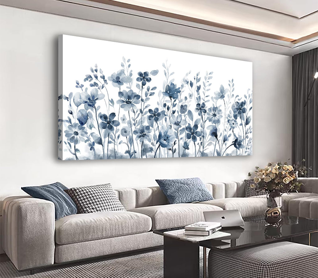 Large Flowers Wall Art for Living Room Decor Framed Art Indigo Wildflower Canvas Pictures Abstract Artwork Navy Blue Floral Canvas Prints for Bedroom Kitchen Home Office Wall Decor 29" x 58"