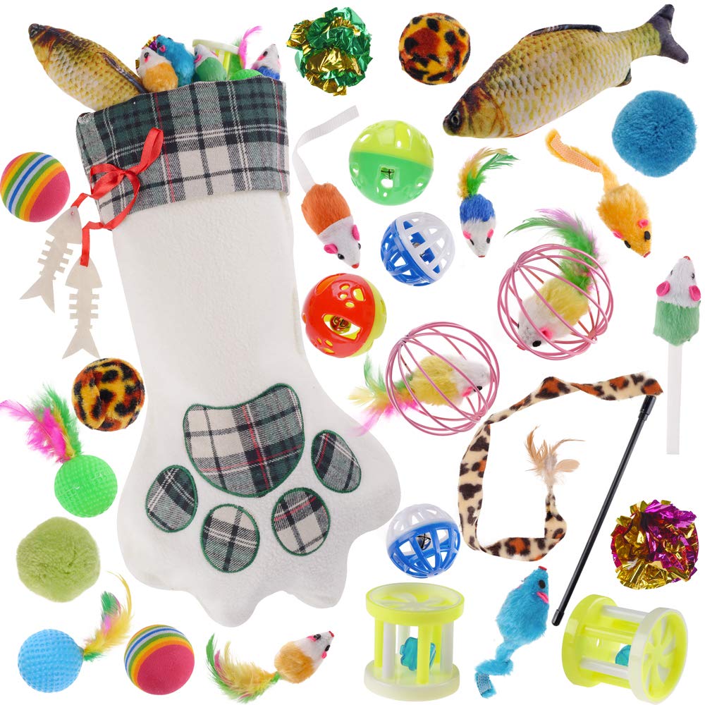 QBSM Cat Christmas Plaid Pet Paw Stockings with 26 Pcs Cat Toys for Cats and Kitten