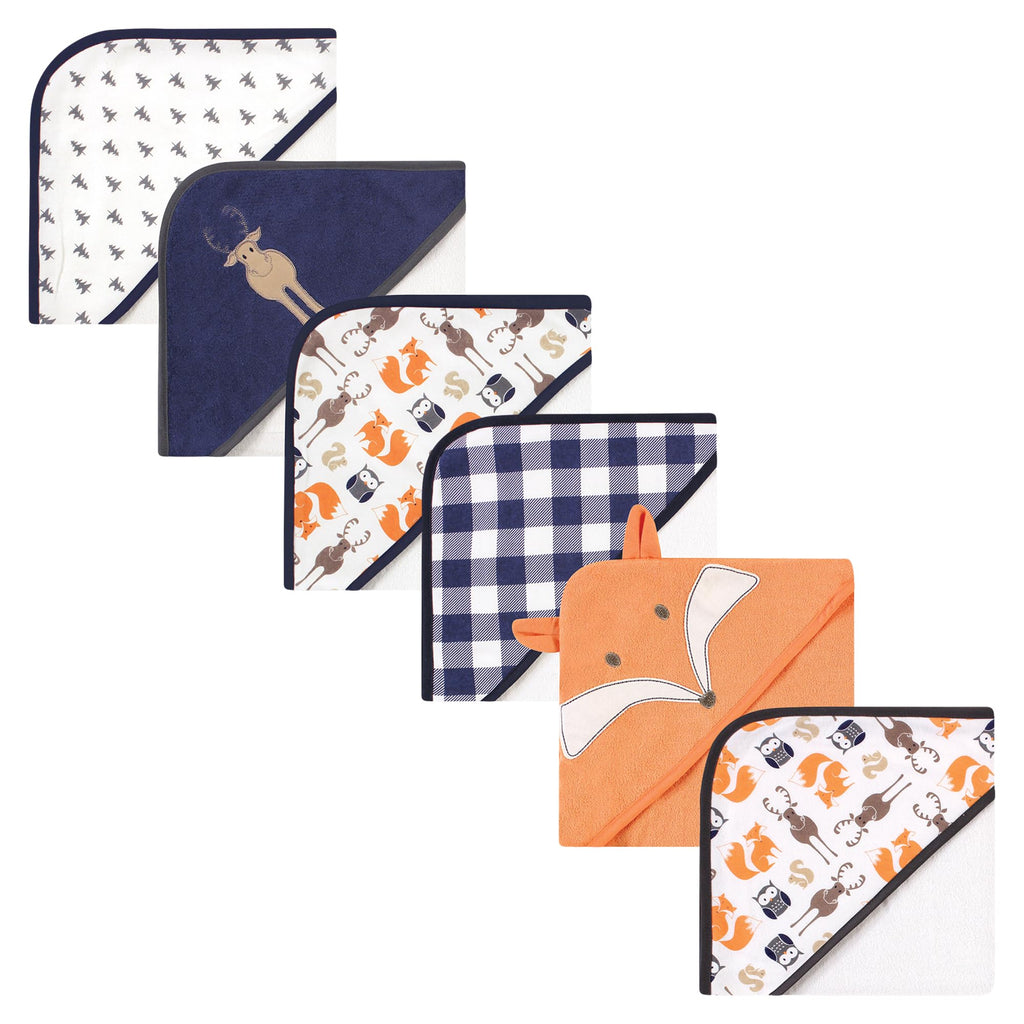 Hudson Baby Unisex Baby 6Pc Cotton Rich Hooded Towels Bundle Set, Blue Moose Fox, One Size