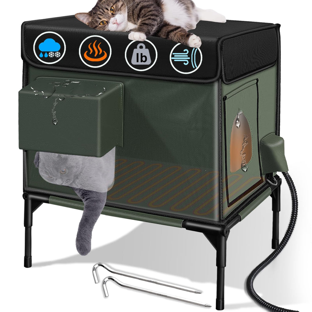Army Green Heated Cat House for Outside, Fully Waterproof, Insulated in Winter, Escape Door, Awning, Outdoor Shelter for Stray & Feral Cats, 13x18x20in