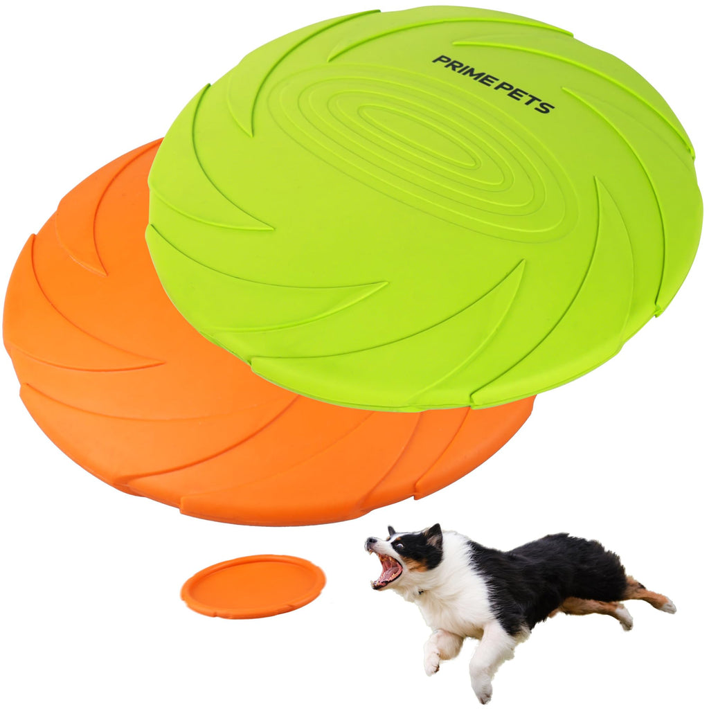 Prime Pets Dog Flying Disc, 2 Pack, 7 Inch, Durable Dog Toys, Nature Rubber Floating Flying Saucer for Water Pool Beach, Orange and Green