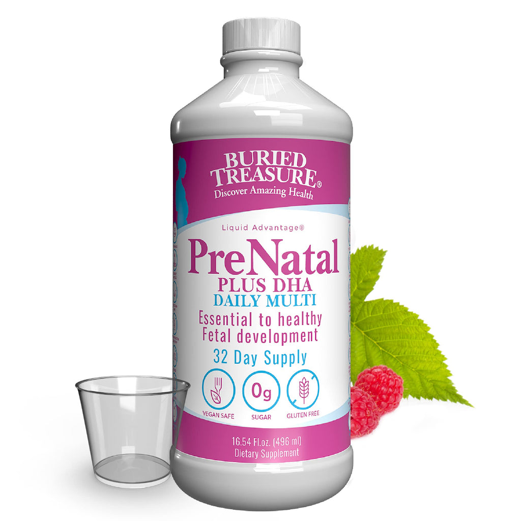 Buried Treasure Prenatal Plus DHA Complete, 16 oz Orange Banana Flavor, High Potency Liquid Formula Supplement for Before, During, Post Pregnancy, Natural DHA Omega3 Iron Vegetarian Safe w/Dose Cup