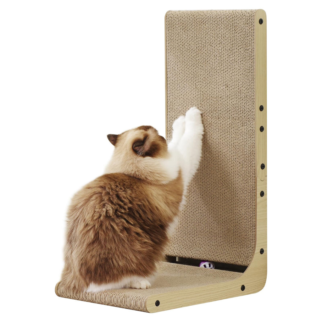 VARLNALY L-Shape Cat Scratcher, 27 Inch Cat Scratching Pad,Cute Cat Cardboard Scratcher for Indoor Cats, Protecting Furniture Vertical Kitty Scratch Lounge with Ball Toy Large