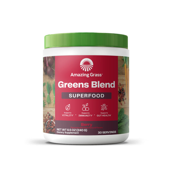 Amazing Grass Greens Superfood Powder: Greens Powder with Digestive Enzymes & Probiotics, Organic Spirulina, Chlorella, and Beet Root Powder, Berry, 30 Servings (Packaging May Vary)