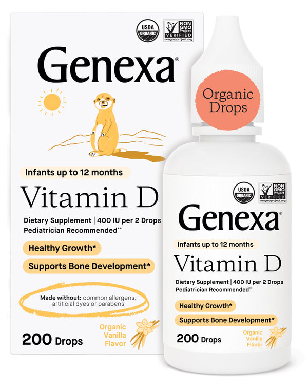Genexa Infants Vitamin D Liquid Drops for Newborn, Baby & Toddler | Supports Growth & Bone Development | Delicious Organic Vanilla Flavor | Certified Organic, Gluten Free, & Non-GMO | 90 Servings