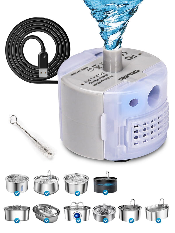 Cat Water Fountain Pump, Replacement Pump for 2L/ 3.2L / 4L Stainless Steel Cat Water Fountain, Ultra Quiet Fountain Pump SMA-800 Submersible Motor with IP68, Low Power Consumption 1.5W and USB Cable