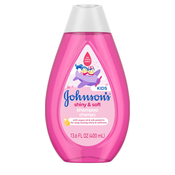 Johnson's Shiny & Soft Kids' Shampoo with Argan Oil & Silk Proteins, Daily Kids’ Hair Wash Gently Cleanses & Boosts Natural Shine & Softness, No Added Parabens & Sulfates, 13.6 fl. oz
