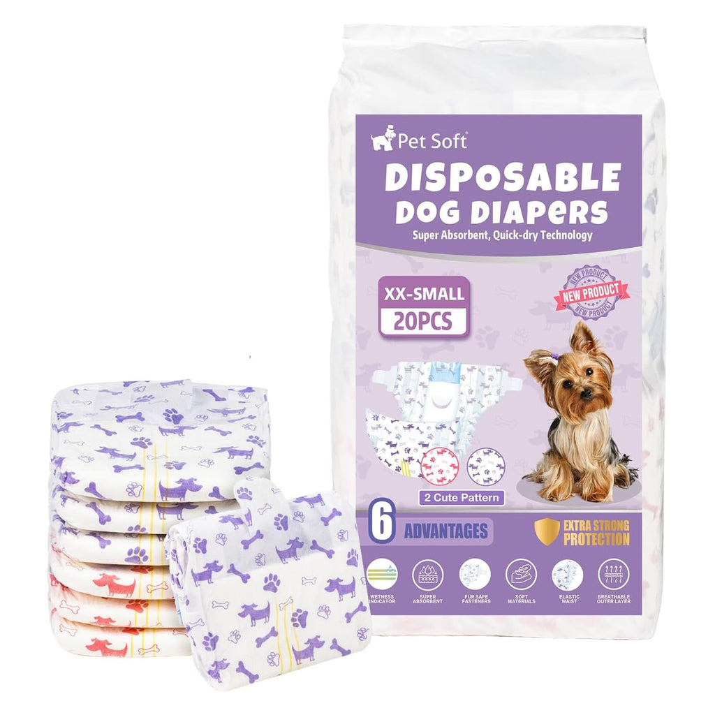 Pet Soft Female Dog Diapers - Disposable Doggie Diapers with Wetness Indicator, Puppy & Cat Diapers Super Absorbent, Fit for Female Dog in Heat or Incontinence, 20pcs (XXS, Mixed)