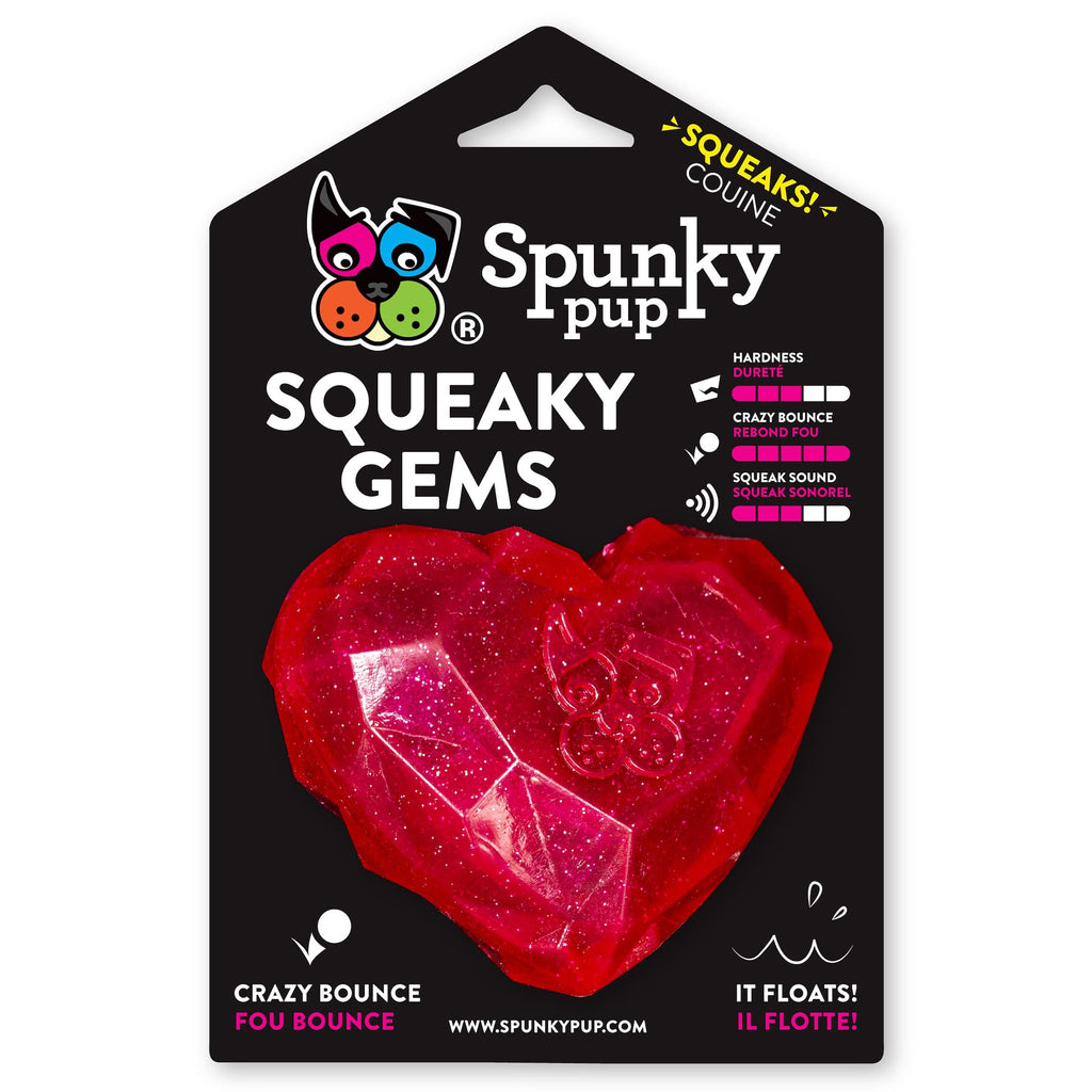 Spunky pup Squeaky Gems Heart Dog Toy | Fun Squeak | Crazy Bounce Gem Cut Shape that Floats | Non-Toxic Rubber | Dishwasher Safe | Perfect Toys for Small to Medium Breeds