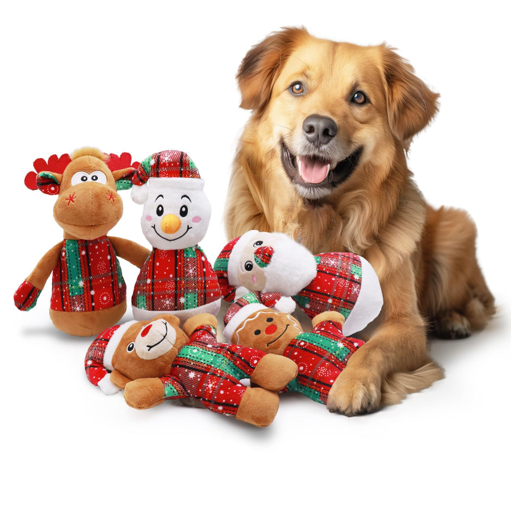 Aqezd Christmas Dog Toys 5-Pack - Squeaky Holiday Toys for Small and Medium Dogs | Santa Claus, Reindeer, Snowman Designs to Keep Dogs Happy and Engaged