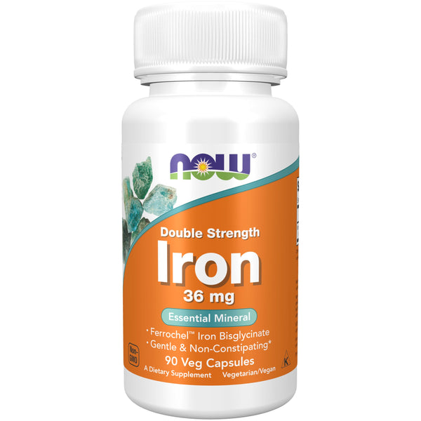 NOW Supplements, Iron 36 mg, Double Strength, Non-Constipating*, Essential Mineral, 90 Veg Capsules