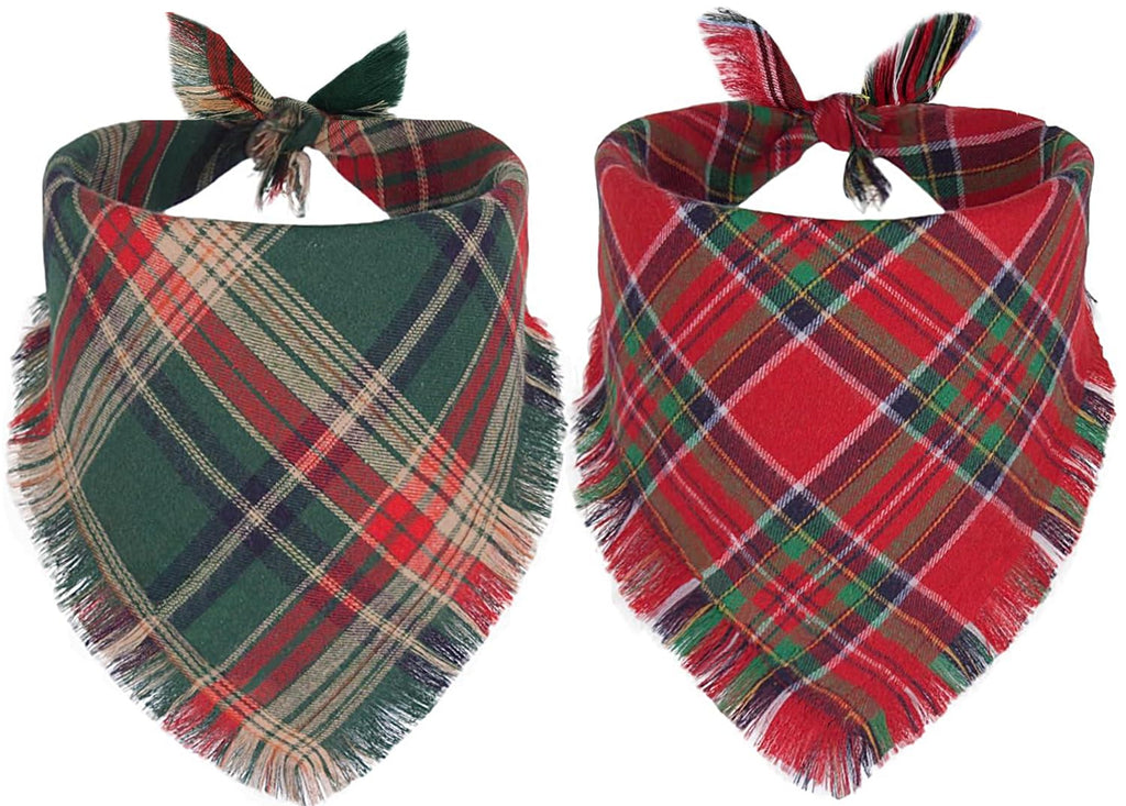 2PCS Christmas Dog Bandanas Plaid Two-Sided with Tassels,Holiday Scarf,Stylish Triangle Dog Outfit for Boy and Girl,Winter Christmas Classic Red-Green Plaid Pet Scarf for Medium to Large Dogs