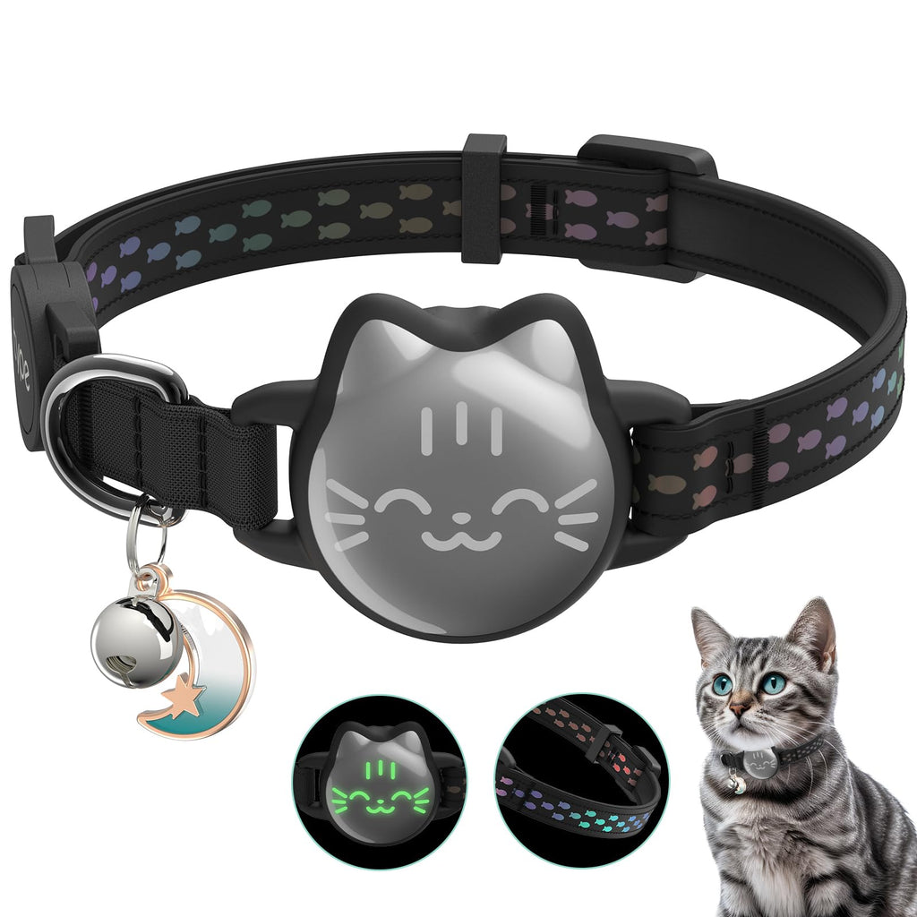 Waterproof Airtag Cat Collar with Luminous & Reflective Fish Pattern, Lightweight Kitten Collar for Apple AirTag, Hidden GPS Tracker Holder for Cats, Kittens (9-13")