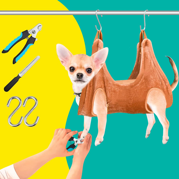 WSCXSC Dog Grooming Kit, Dog Grooming Supplies, Dog Grooming Hammock, Dog Grooming Harness, Dog Nail Clippers, Dog Nail Grinder, Hooks, Dog Hammock Kit for Nail Trimming/Hair Trimming(Coffee, XS)