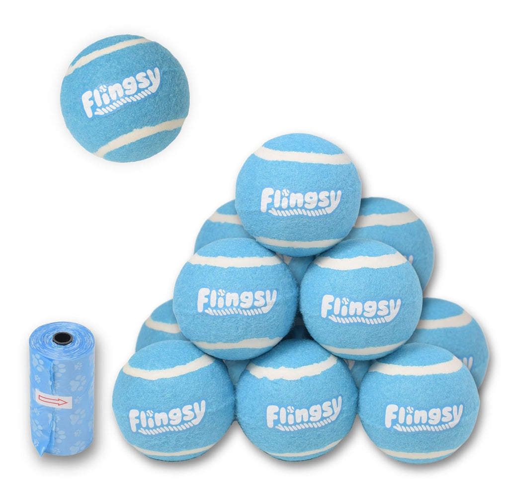 Flingsy Tooth-Safe Box of 12 Dog Tennis Balls Bright Blue Pet Fetch Ball for Flingsy Toy 2.5" Standard Size Non-Squeak Dozen Twelve Pack Compatible with Regular Medium Thrower and Launcher