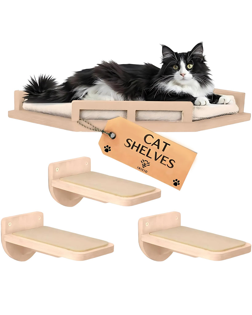 INICIO Cat Wall Shelves - Modern and Durable 3 Step Cat Furniture for Wall - Stylish Birch Floating Shelf for Cats up to 17lbs - Wooden Corner Shelves with Cushioned Perch - Natural Wood