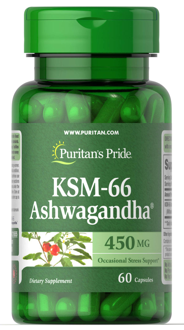 Puritan's Pride KSM-66 Ashwagandha® 450mg, Highly Concentrated Dietary Supplement for Stress Relief, Mood Enhancing, and Memory Support, 1 Month Supply, 60 Capsules