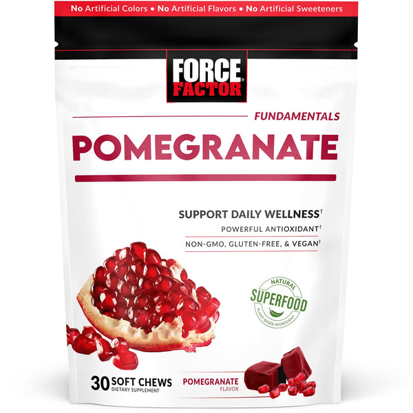 Force Factor Pomegranate Soft Chews for Healthy Aging, Heart Health, Bone Health, & Brain Health, Superfood & Antioxidants Supplement, Non-GMO, Gluten-Free, Vegan, Pomegranate Flavor, 30 Soft Chews