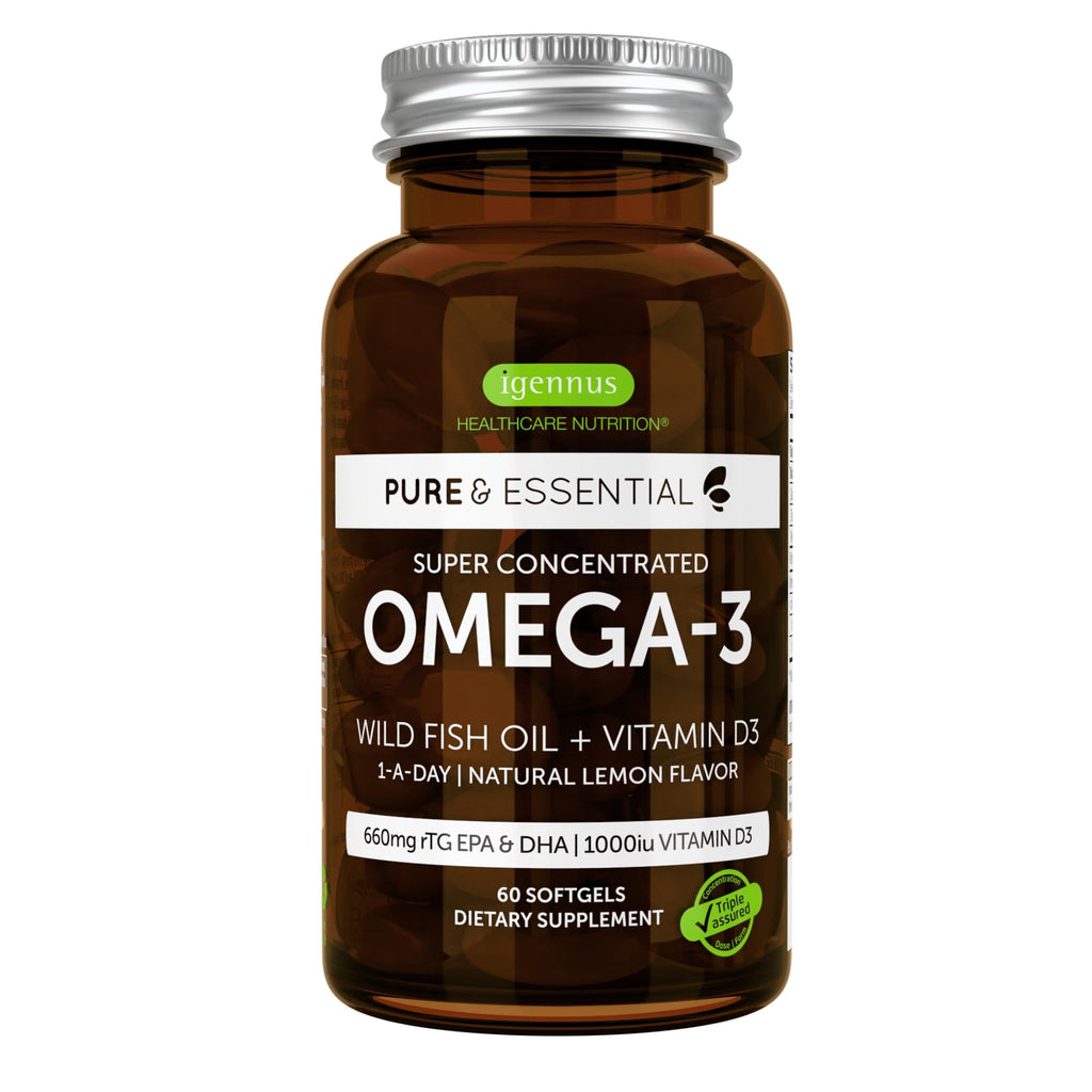 Advanced Omega-3 Wild Fish Oil & Vitamin D3 1000iu, 1-a-Day, Triglyceride Form EPA & DHA, Fast-Acting rTG, Natural Lemon Flavor, Non-GMO, 60 Softgels, by Igennus