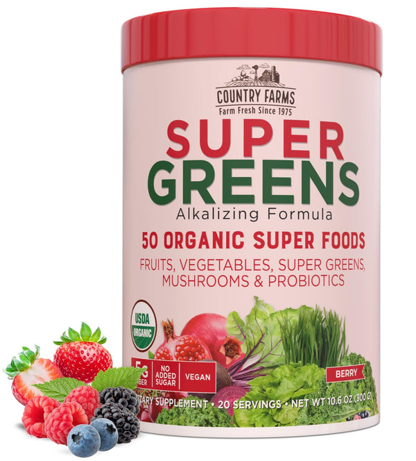 Country Farms Super Greens Berry Flavor, 50 Organic Super Foods, Packed with Fiber, USDA Organic Drink Mix, Fruits, Vegetables, Super Greens, Mushrooms & Probiotics, Supports Energy, 5g Fiber
