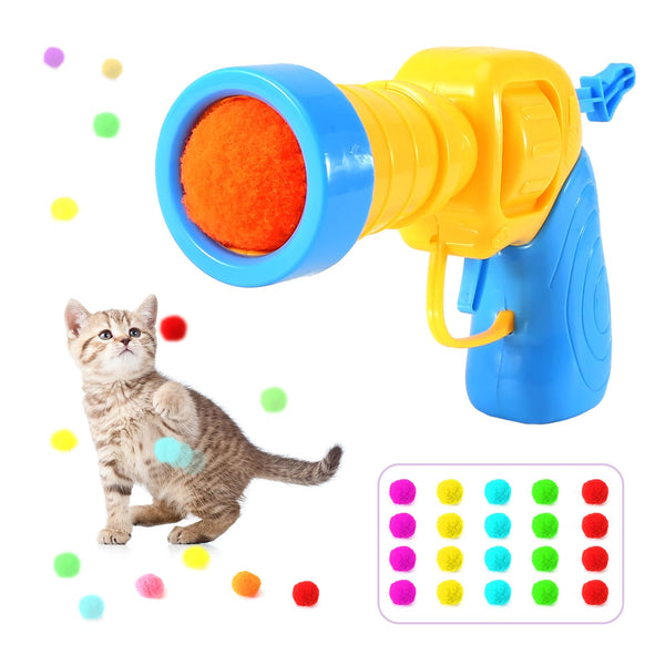 PAKESI 21Pcs Cat Ball Toy Launcher - Includes 20 Colorful Plush Cat Balls and Exciting Launcher Set，Funny Interactive Cat Toys for Bored Indoor Adult Cats, Cute Kitten Kitty Toys