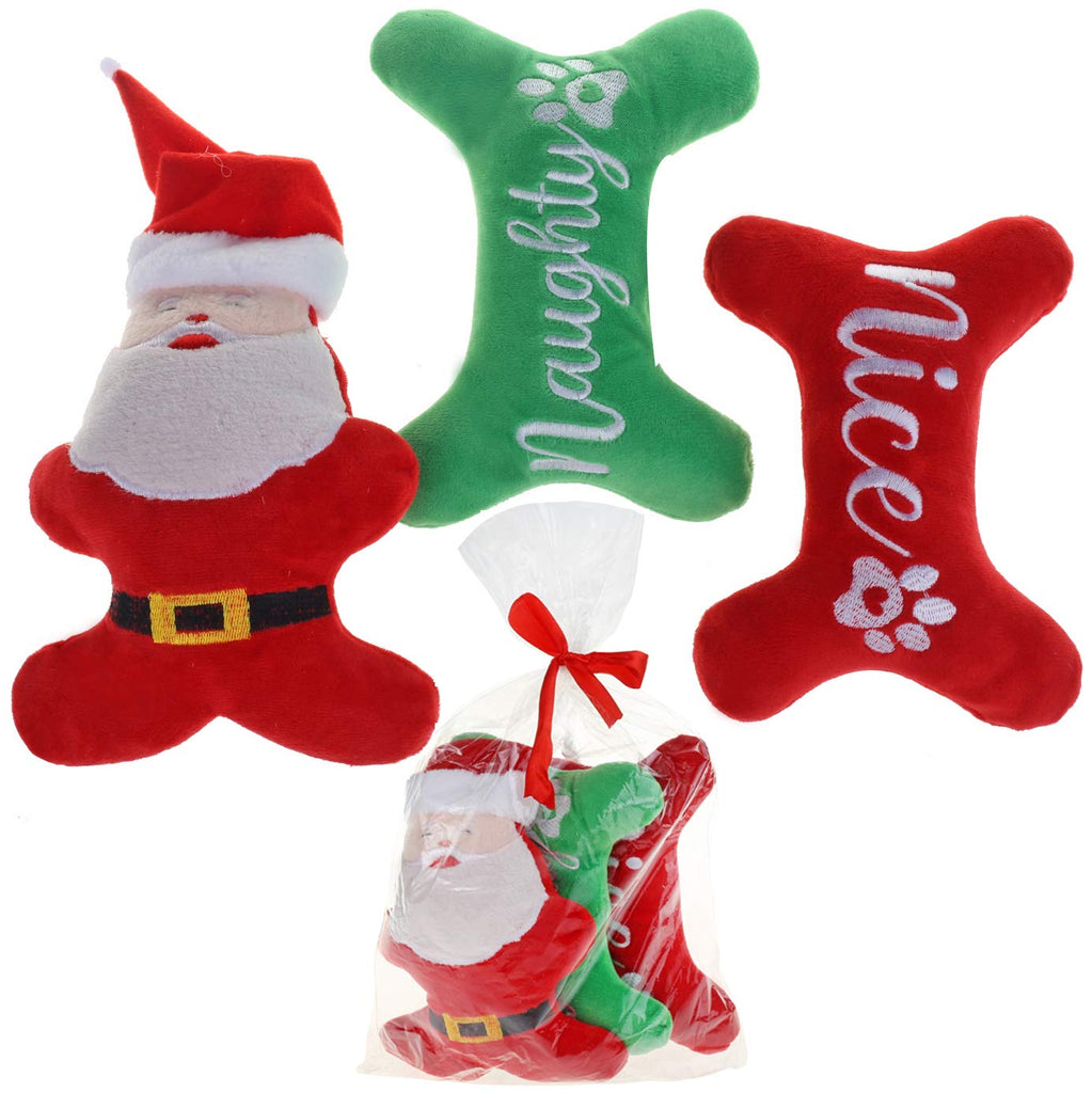 Dog Christmas Toys Pack, Santa Puppy Toy and Plush Pet Squeaky Bone Toys for Small Medium Dogs