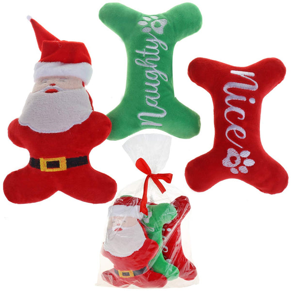 Dog Christmas Toys Pack, Santa Puppy Toy and Plush Pet Squeaky Bone Toys for Small Medium Dogs