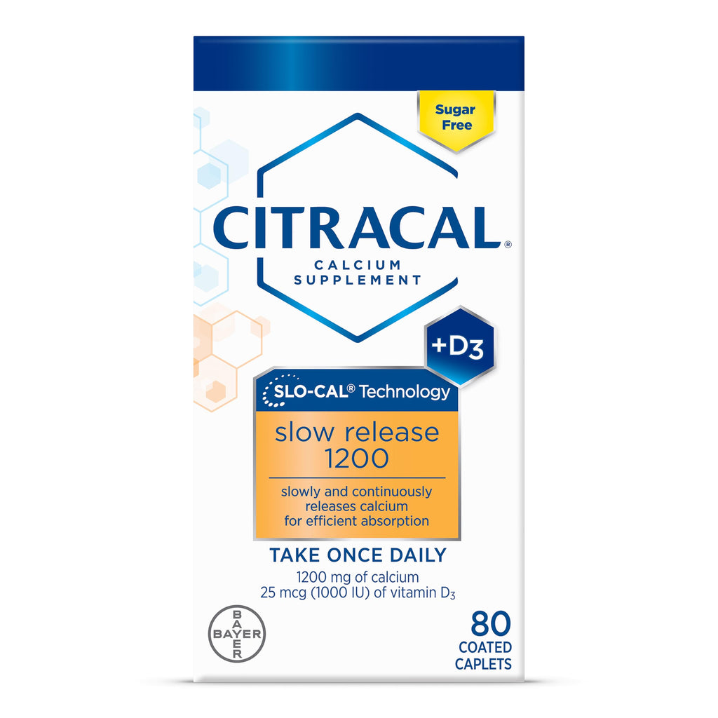 Citracal Slow Release 1200, 1200 mg Calcium Citrate and Calcium Carbonate with 25 mcg (1000 IU) Vitamin D3, Bone Health Support, Calcium Supplement for Ages 12+, Take Once Daily Caplet, 80 Count