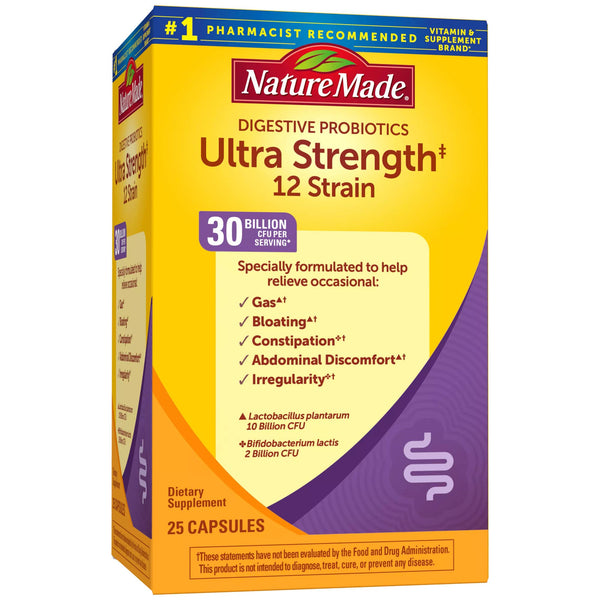 Nature Made Ultra Strength 12 Strain Digestive Probiotics, Probiotics for Women and Men, 25 Probiotic Capsules, 25 Day Supply
