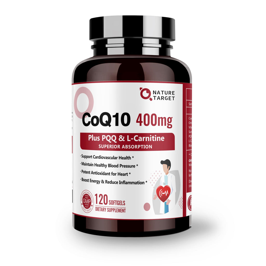 NATURE TARGET CoQ10-400mg with PQQ, Omega-3s & L-Carnitine, High Absorption Coenzyme-Q10 with BioPerine, Supports Heart, Brain, Immune System, Energy Production, 120 Servings