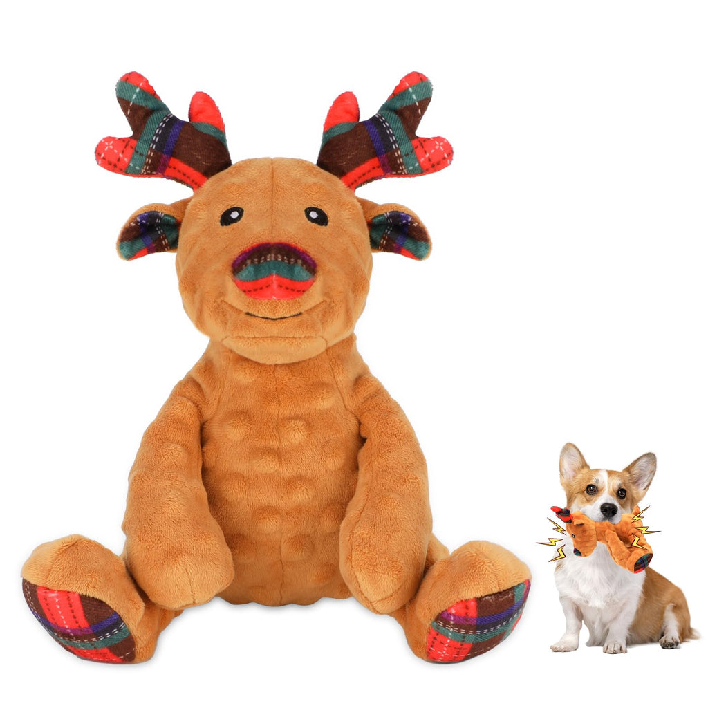 Rypet Christmas Reindeer Dog Toys Durable Plush Dog Toys with Crinkle Paper Interactive Dog Stuffed Squeaky Toys for Puppy Medium Small Dogs Cleaning Teeth and Relieving Anxiety