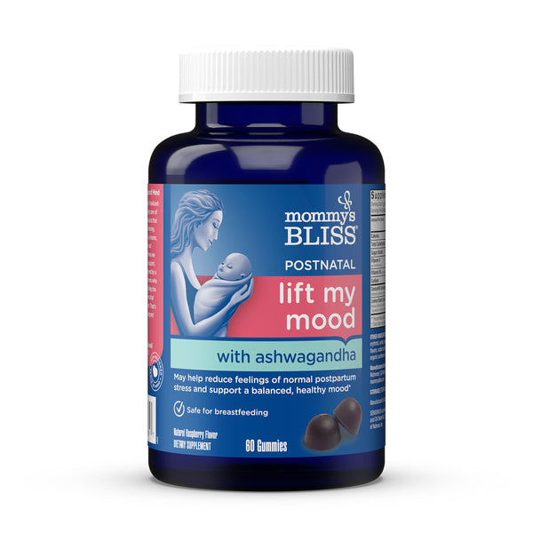 Mommy's Bliss Lift My Mood Postnatal Support Ashwagandha, May Reduce Stress & Support a Balanced Healthy Mood, Vegan, Delicious Rasberry Flavor, 60 Gummies (30 Servings)