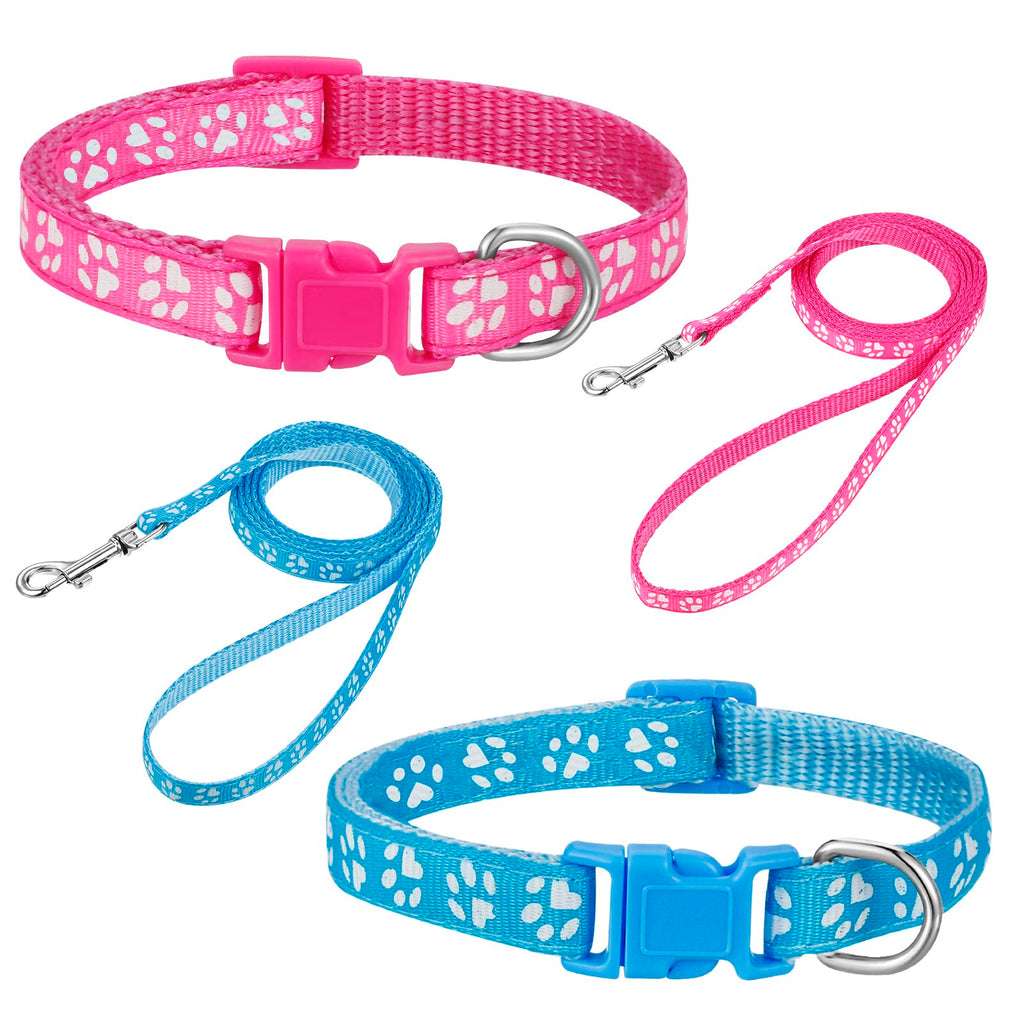 BOUMUSOE 2 Packs Dog Collar and Leash Set, Puppy Collar and Lead Set Quick Release Buckle Adjustable Paw Print Puppy Collar Soft Nylon Pet Collar for Puppy Small Dogs