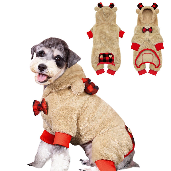 KYEESE Xmas Dog Pajamas Reindeer Christmas With Bowtie Red Buffalo Check Sweater Small Pjs Plaid Pet Clothes Christmas Outfit