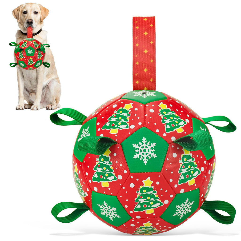 ShuRung Christmas Soccer Ball Dog Toy With Straps for Interactive Play and Tug of War - Christmas Tree & Snowflower Pattern for Small, Medium, Big Dogs (8 Inches)