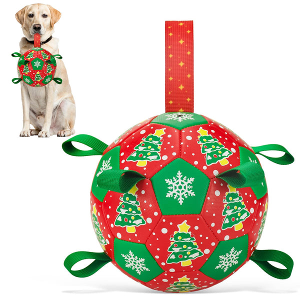 ShuRung Christmas Soccer Ball Dog Toy With Straps for Interactive Play and Tug of War - Christmas Tree & Snowflower Pattern for Small, Medium, Big Dogs (8 Inches)