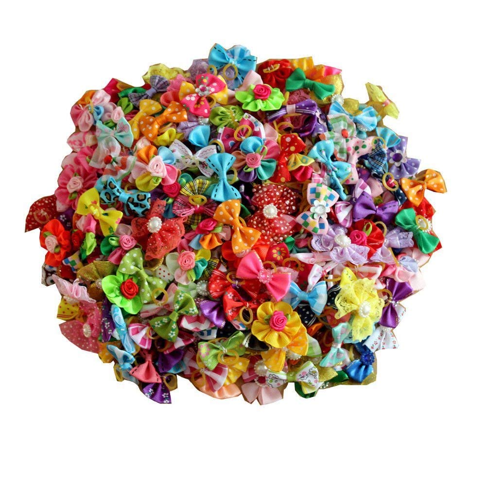 Masue Pets 50pcs Dog Hair Accessories: Rhinestone Pearls Bowknots with Rubber Bands - Topknot Bows for Cute Styling