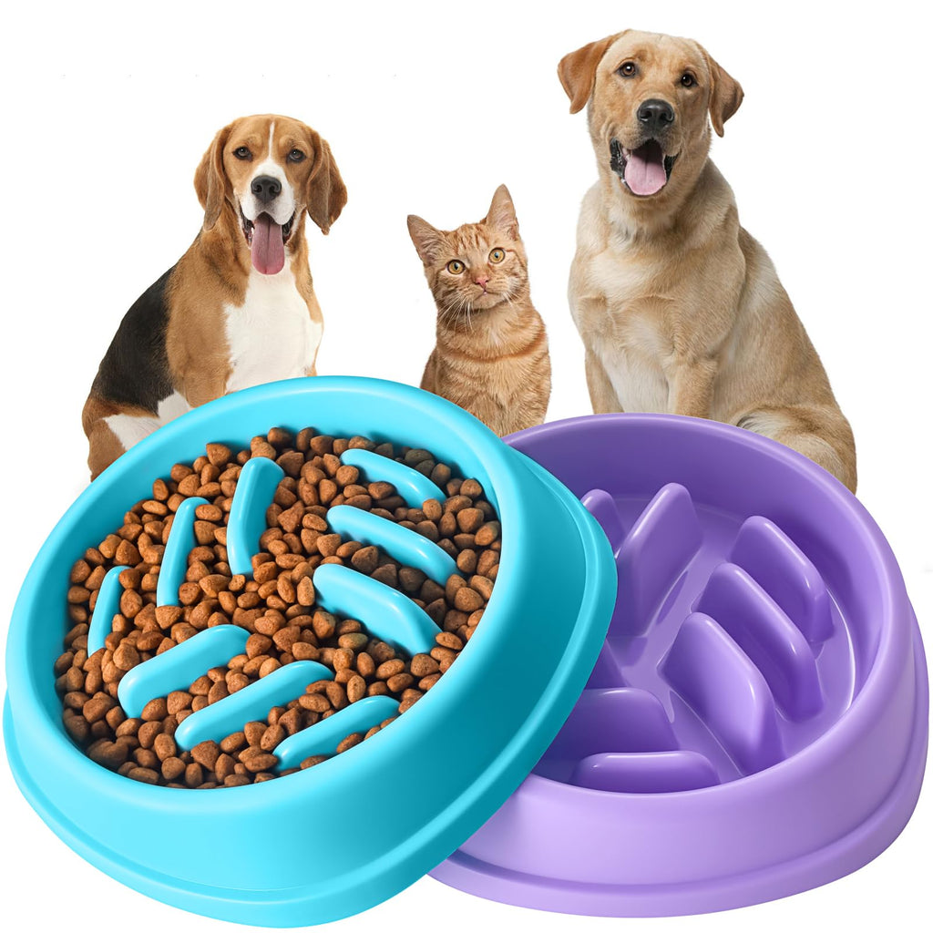 Slow Feeder Dog Bowls 2 Pack - Anti-Slip Eating Maze, Anti-Choking Puzzle Feeder for Dogs, Cats & All Breeds Pets (Blue & Purple)