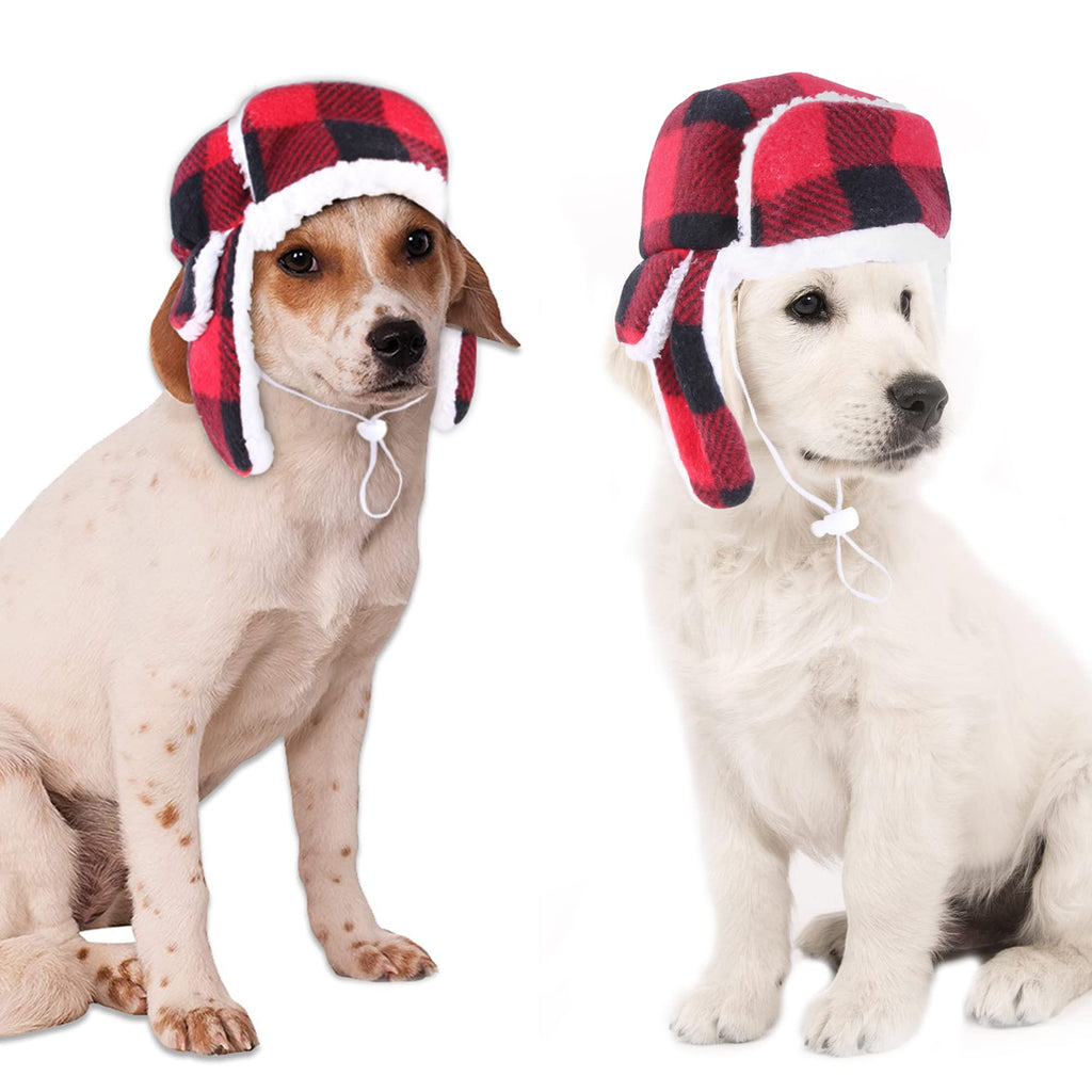 Dog Hats with Earmuffs Pets Warm Adjustable Trapper Hat for Small Medium Dogs Red, Black
