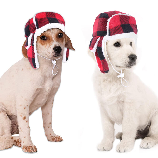 Dog Hats with Earmuffs Pets Warm Adjustable Trapper Hat for Small Medium Dogs Red, Black