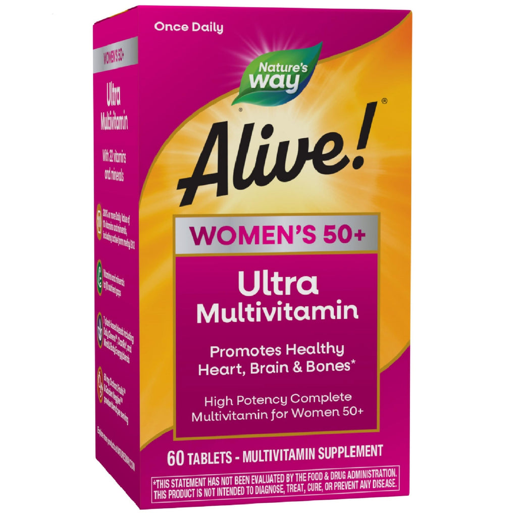 Nature’s Way Alive! Women’s 50+ Ultra Potency Complete Multivitamin, High Potency Formula, Promotes Healthy Heart, Brain, Bones*, with Methylated B12, Gluten-Free, 60 Tablets (Packaging May Vary)