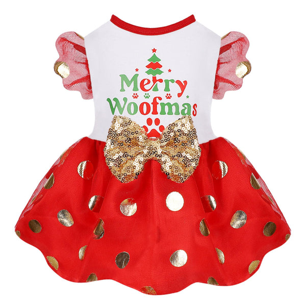 Dog Christmas Dress Fly Sleeve Dot Tulle Dress with Sparkly Bowknot Dog Winter Clothes for Small Dogs Girl Holiday Lightweight Doggie Xmas Costume Puppy Skirt Pet Apparel Cat Clothing Red