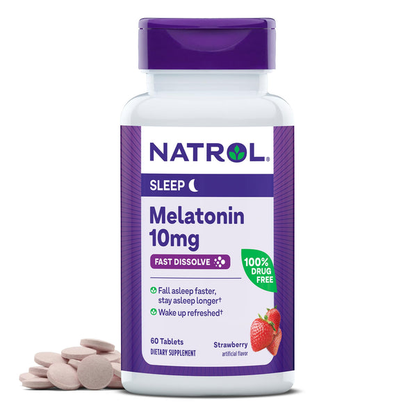 Natrol Fast Dissolve Melatonin 10 mg, Melatonin Supplements for Restful Sleep, Sleep Support for Adults, 60 Strawberry-Flavored Melatonin Tablets, Up to a 60 Day Supply