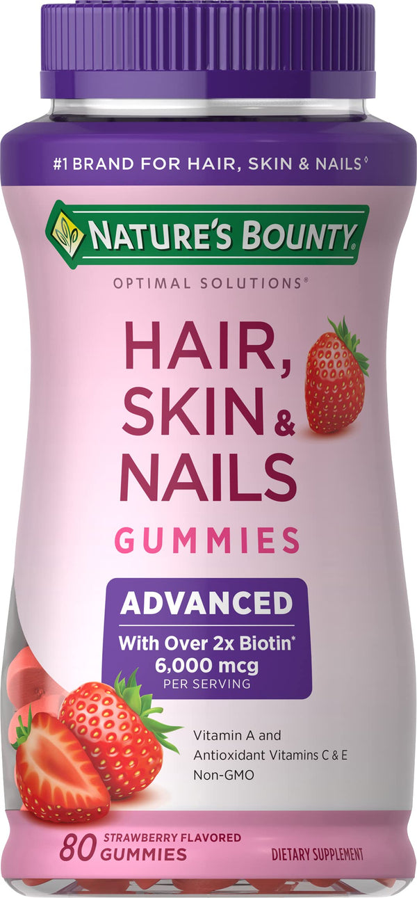 Nature's Bounty Optimal Solutions Advanced Hair, Skin, Nails, 2X Biotin, 80 Strawberry Gummies