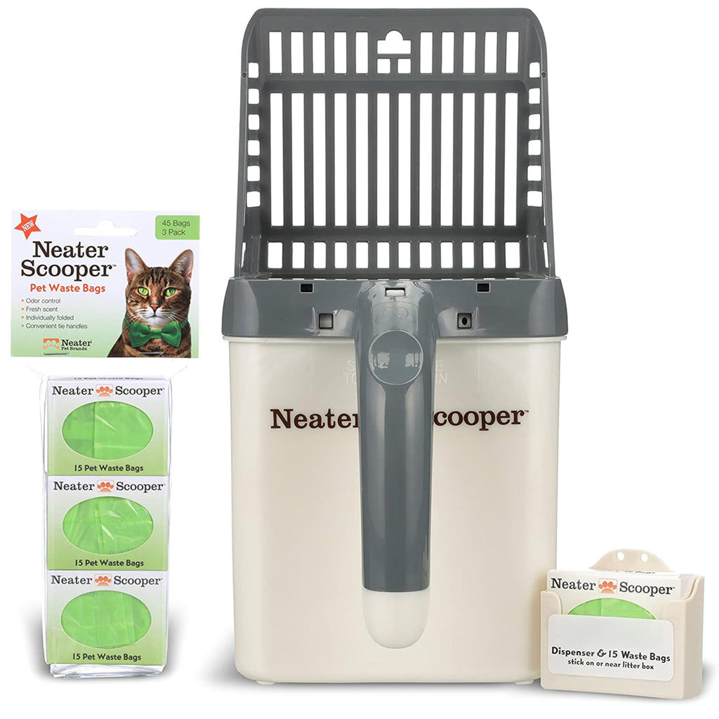 Neater Pets Neater Scooper Standard Cat Litter Scoop, 60 Refill Bags – Mess-Free Cat Litter Scooper with Bag, Spill-Proof Kitty Box Sifter, Bin Doubles as Poop Shovel Holder, For Single-Cat Households