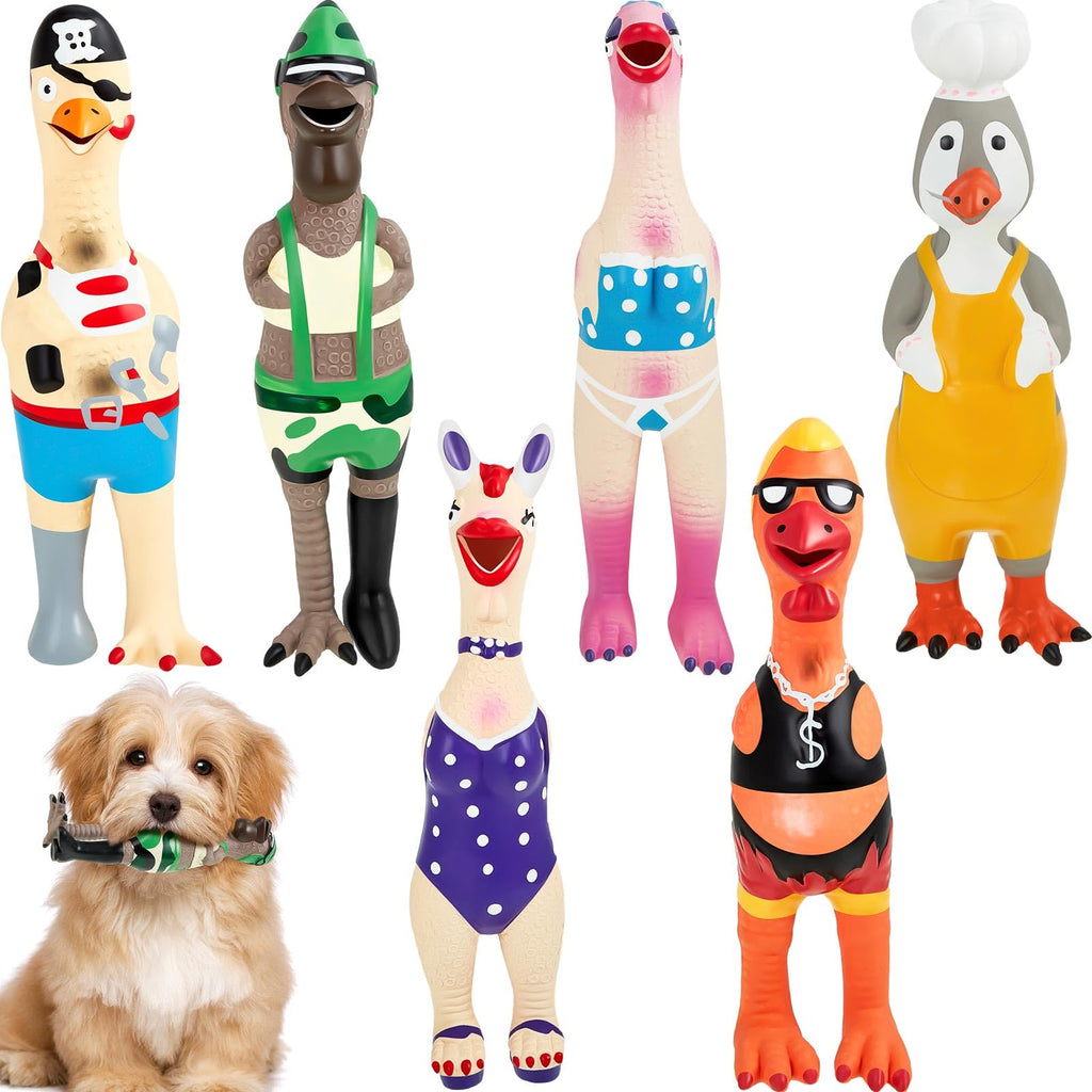 Silipull 6 Pcs Dog Latex Squeaky Toys Chicken Interactive Pet Squawkers Earl Captain Jack Soft Rubber Chew Molar Toys for Small Medium Large Dogs