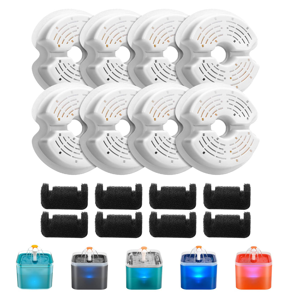 AONBOY Cat Water Fountain Filters, Suitable for AONBOY Pet Fountain F2, Cat Fountain Filters(8 Filters + 8 Sponges)
