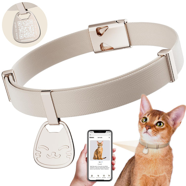 Cat Collar with Name Tag Breakaway: Kitten Collars with QR Code ID Tag for Girl Boy Cats, Ultra Soft & Elastic Adjustable (6"-12") Cat Collar with Break Away Safety Buckle, Khaki