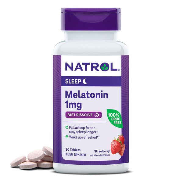 Natrol Fast Dissolve Melatonin 1 mg, Melatonin Supplements for Restful Sleep, Sleep Support for Adults, 90 Strawberry-Flavored Melatonin Tablets, Up to a 90 Day Supply